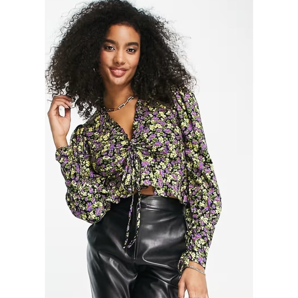 ASOS DESIGN ruched front long sleeve blouse in black bright floral print Size 6